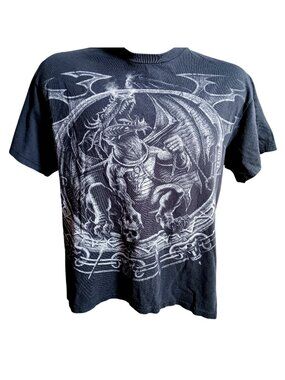 Vintage Y2K Screamo Dragon Skulls Delta Pro Weight Faded T-Shirt Black L Boxy